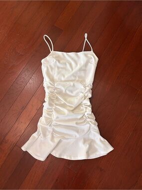 CEFIAN Ivory Ruched Ruffle-Hem Mini Dress Spaghetti Strap Cocktail/Going XS/S